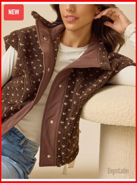 Women's Sherpa Vest Quilted Sleeveless Button Down Fleece Jacket - Picture 5 of 5